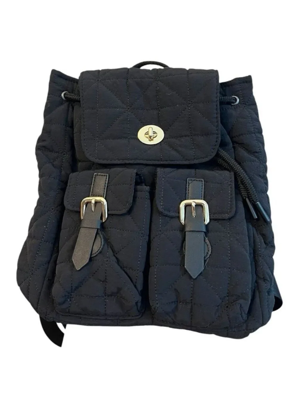 Black Quilted Mini Backpack Faux Leather Adjustable Straps Drawstring New
